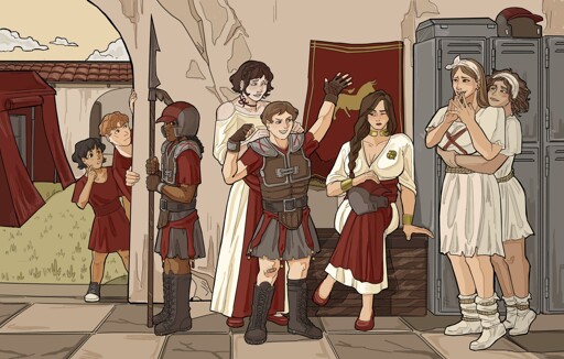 Priestesses of Mars and Legion Slaves fitting the armor of Child Legionaries